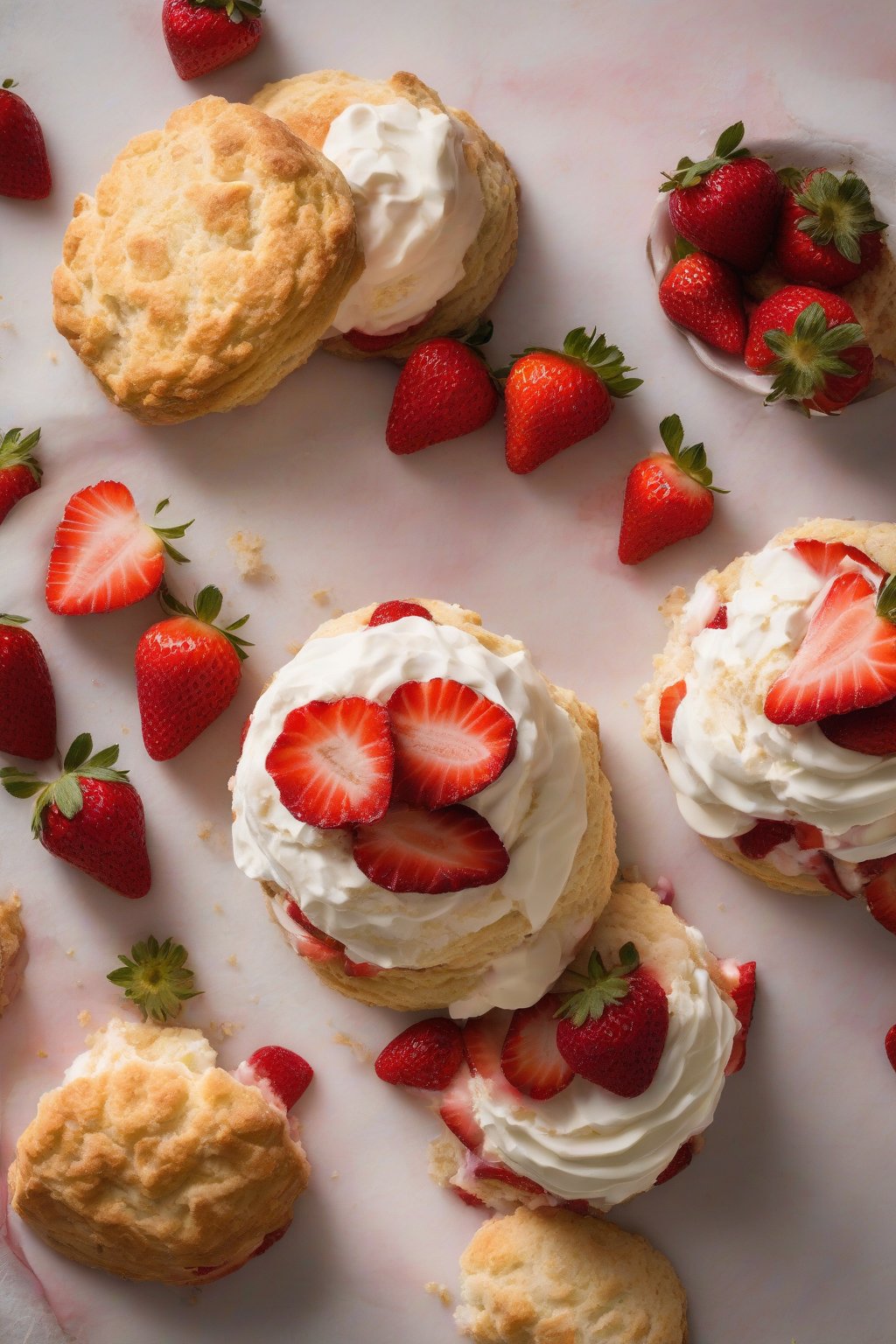 A high-resolution photo of sourdough discard biscuit strawberry shortcake, with tangy layers and fresh strawberries, under soft lighting.