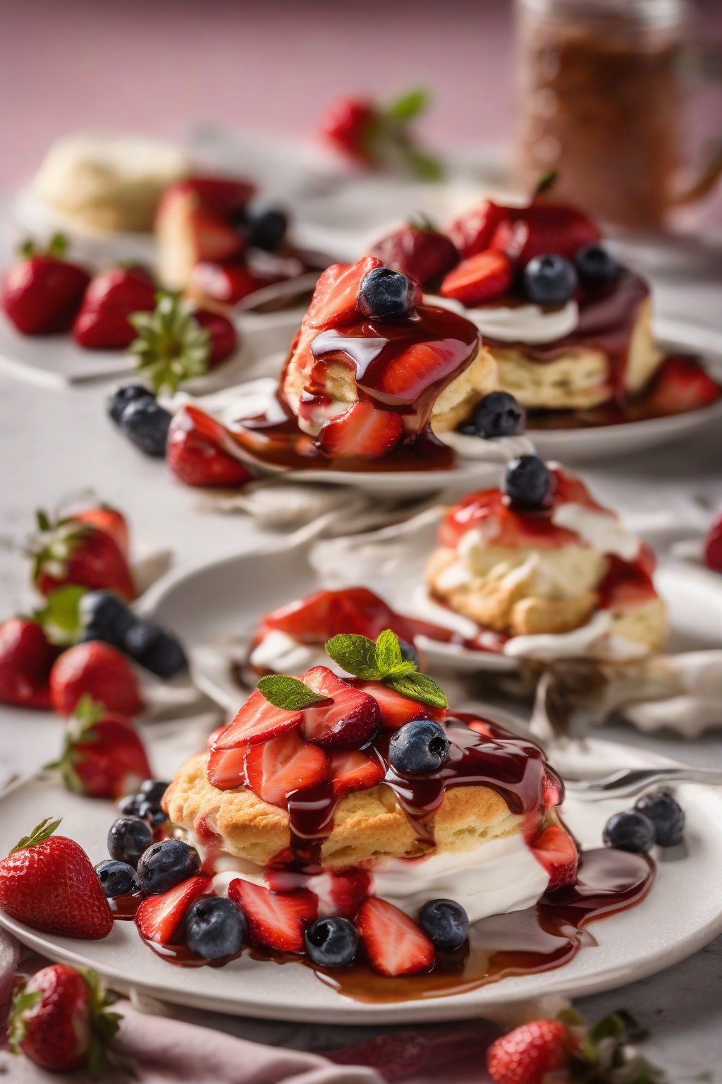 A high-resolution photo of balsamic glazed biscuit strawberry shortcake, shiny with reduction and berries, under soft lighting.