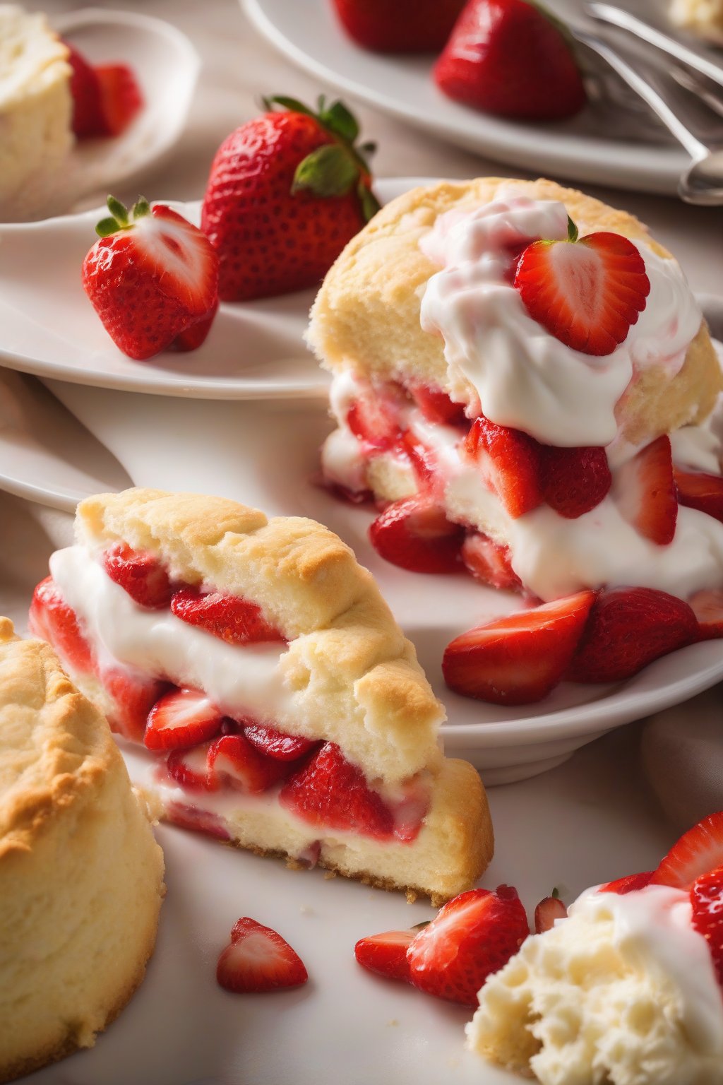 A high-resolution photo of cheesecake-stuffed biscuit strawberry shortcake, oozing filling with strawberries, under soft lighting.
