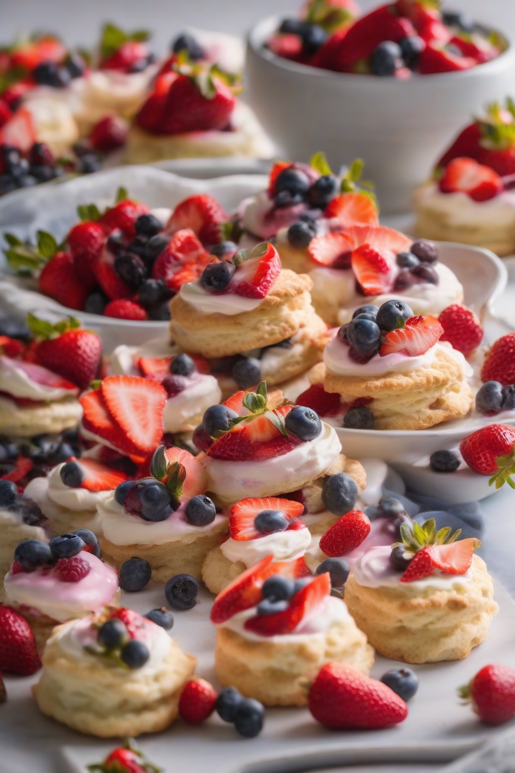 A high-resolution photo of mini berry medley biscuit strawberry shortcakes, arranged on a platter with colorful berries, under soft lighting.