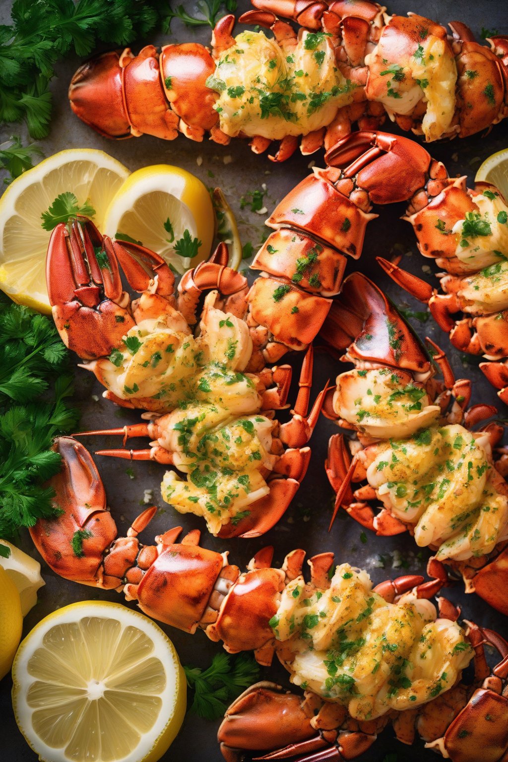 A high-resolution photo of golden broiled lobster tails glistening with garlic butter, garnished with parsley and lemon, under soft lighting.