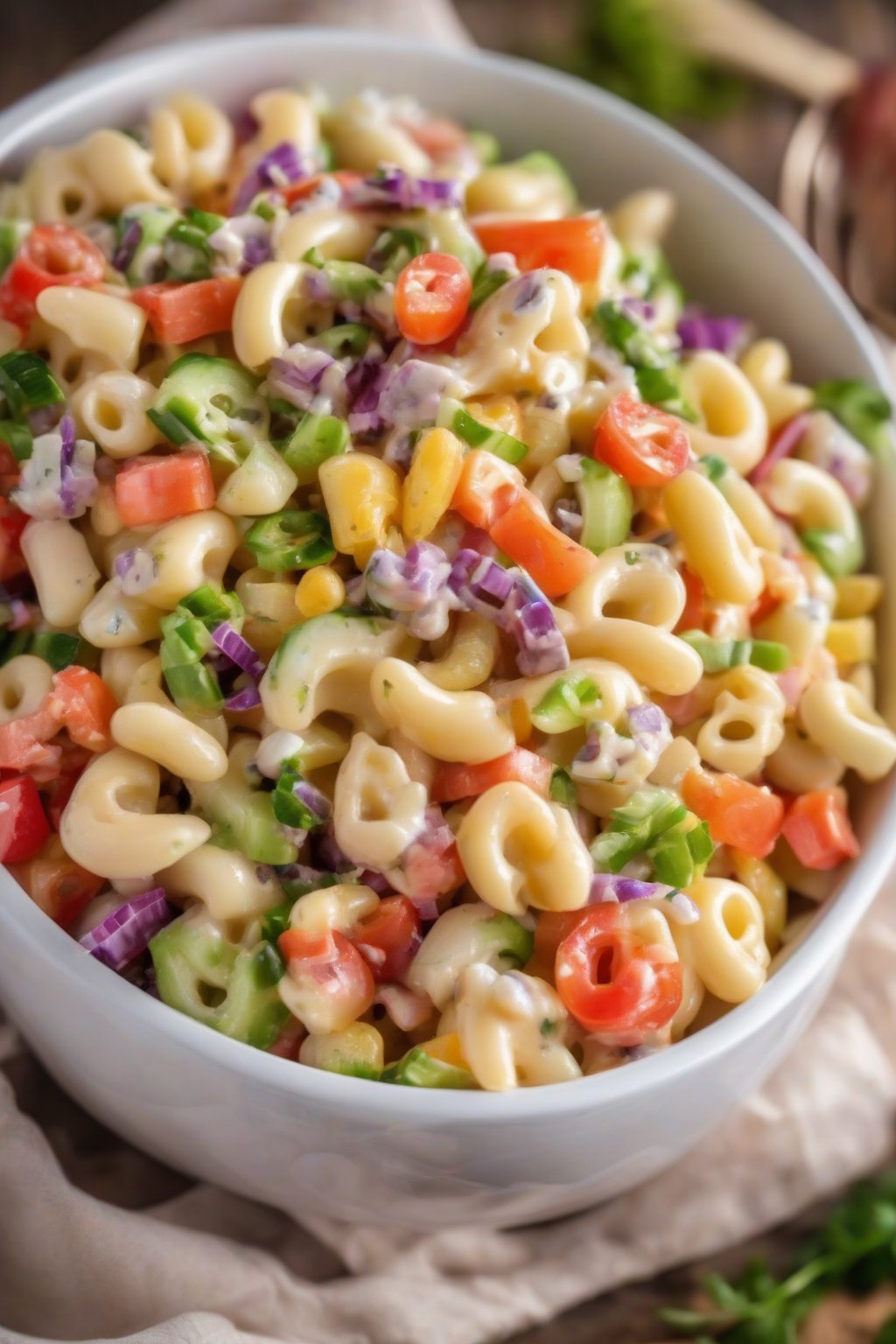 A high-resolution photo of vibrant veggie-loaded macaroni salad in a white bowl, under soft lighting.