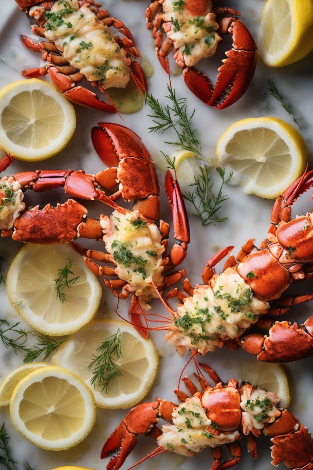 A high-resolution photo of herb-flecked lobster tails drizzled in lemon butter, steam rising slightly, under soft lighting.