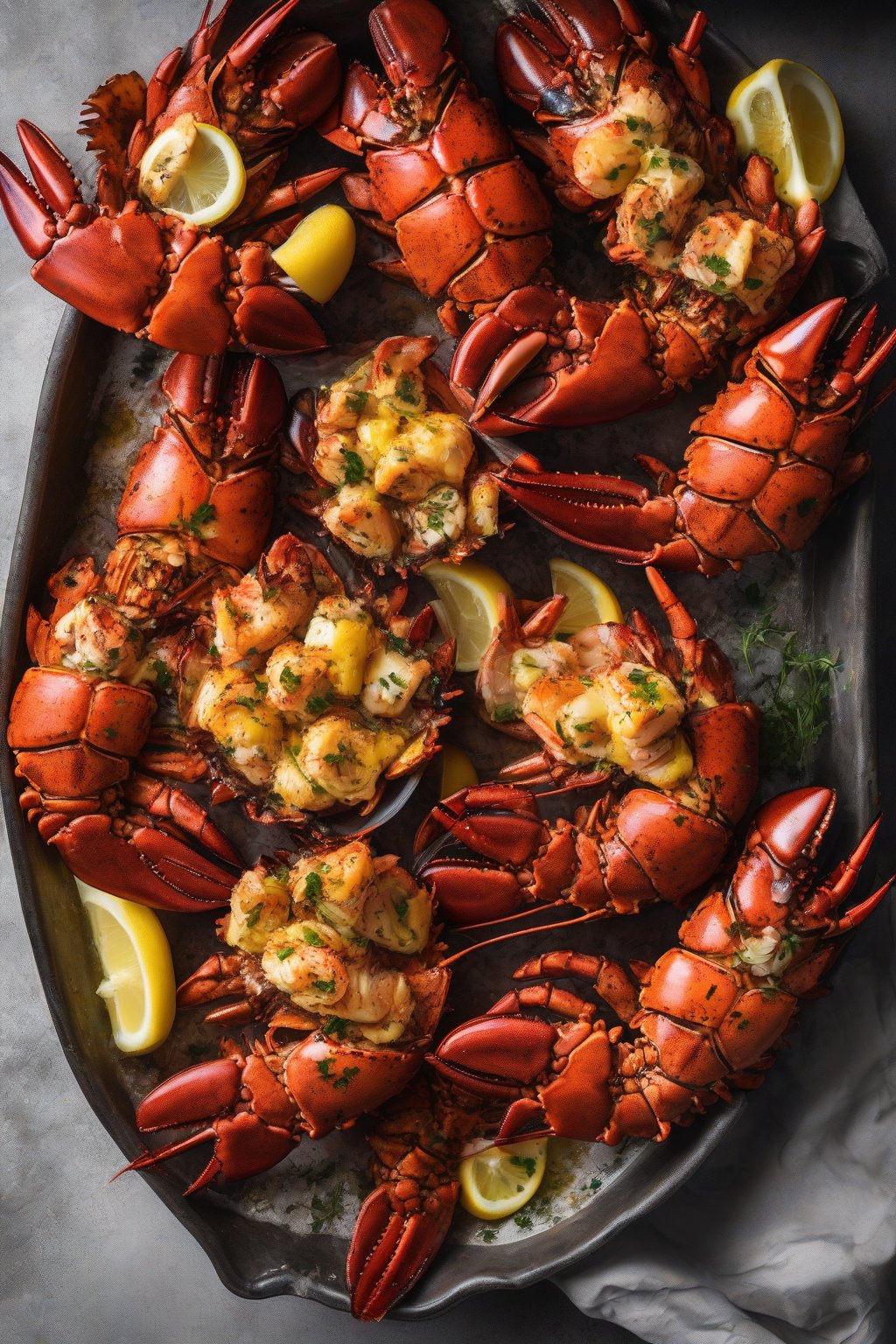 A high-resolution photo of spicy Cajun lobster tails with charred edges and melted butter pooling, under soft lighting.