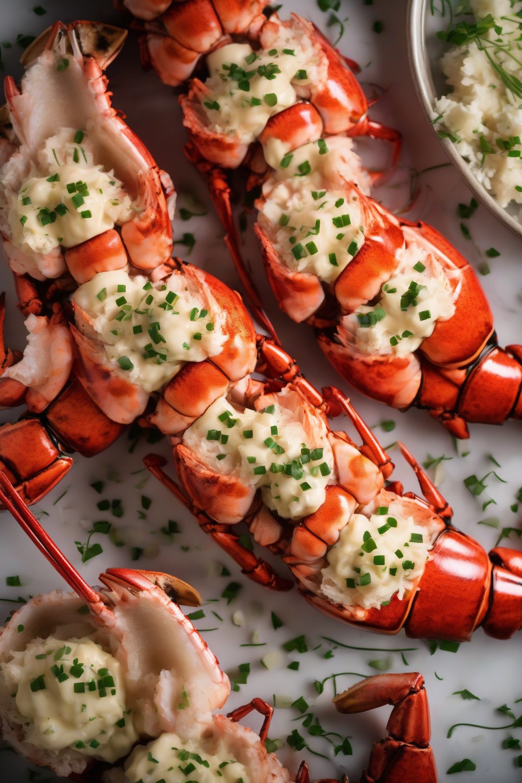 A high-resolution photo of elegant truffle butter lobster tails topped with chives, glossy and aromatic, under soft lighting.
