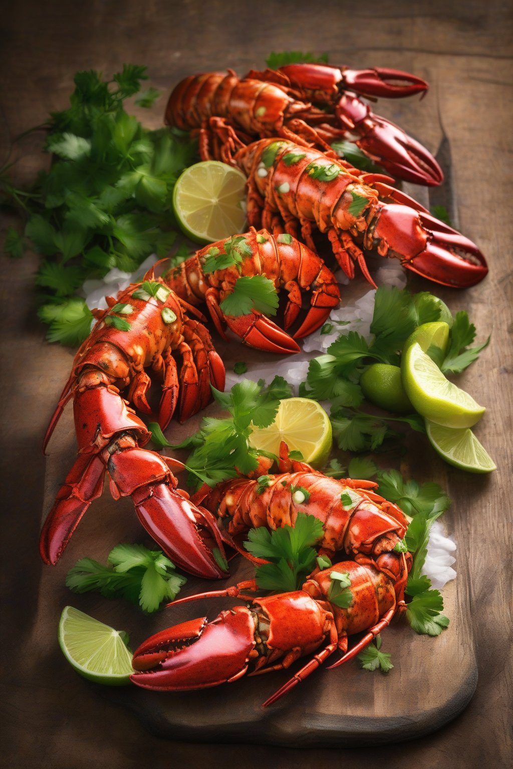 A high-resolution photo of vibrant chili lime lobster tails with fresh cilantro garnish, under soft lighting.