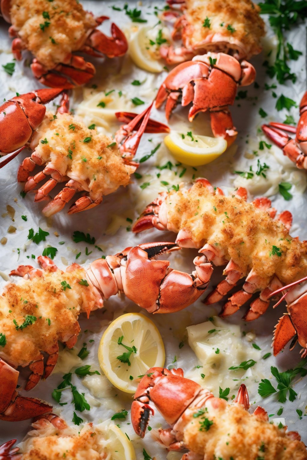A high-resolution photo of cheesy Parmesan-crusted lobster tails oozing garlic butter, under soft lighting.