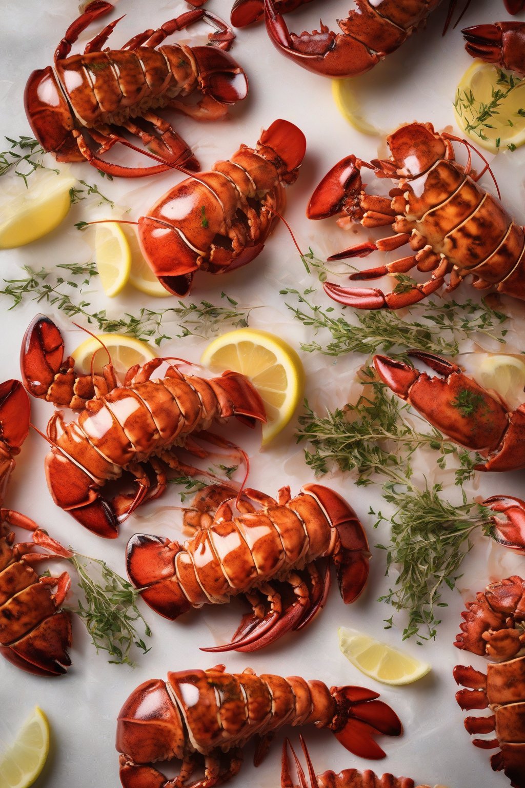A high-resolution photo of glossy honey-glazed lobster tails with thyme sprigs, under soft lighting.
