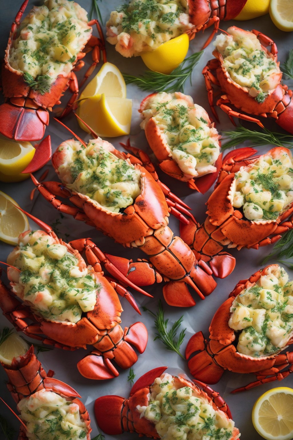 A high-resolution photo of colorful herb butter lobster tails, fresh and vibrant, under soft lighting.