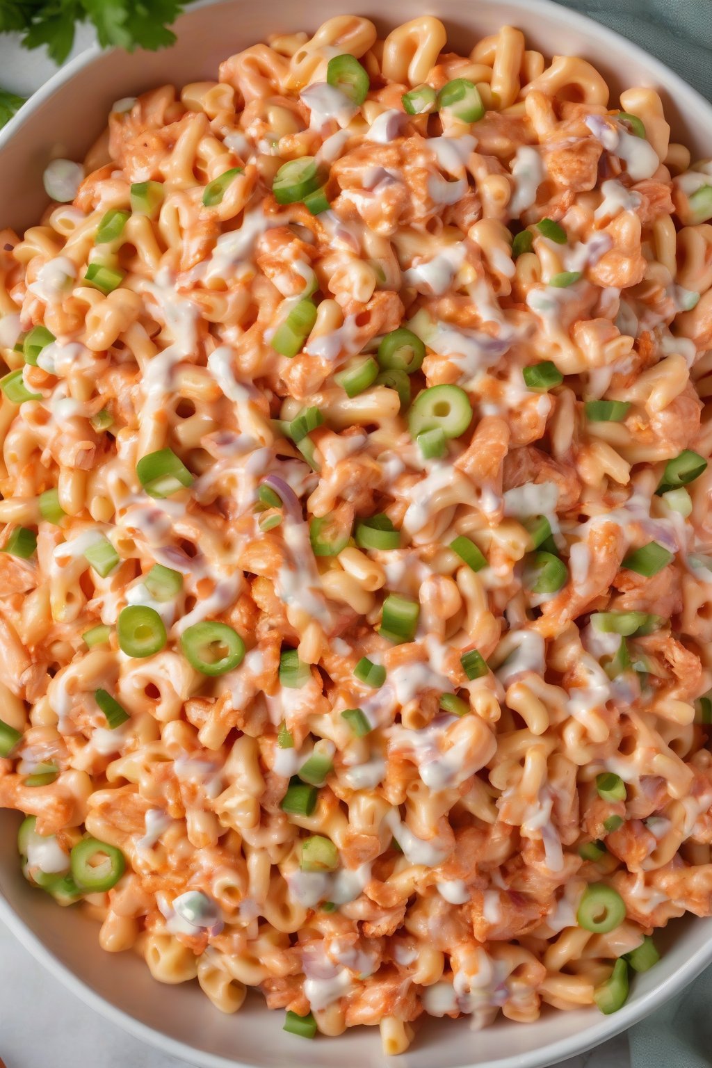 A high-resolution photo of buffalo chicken macaroni salad drizzled with extra sauce, under soft lighting.