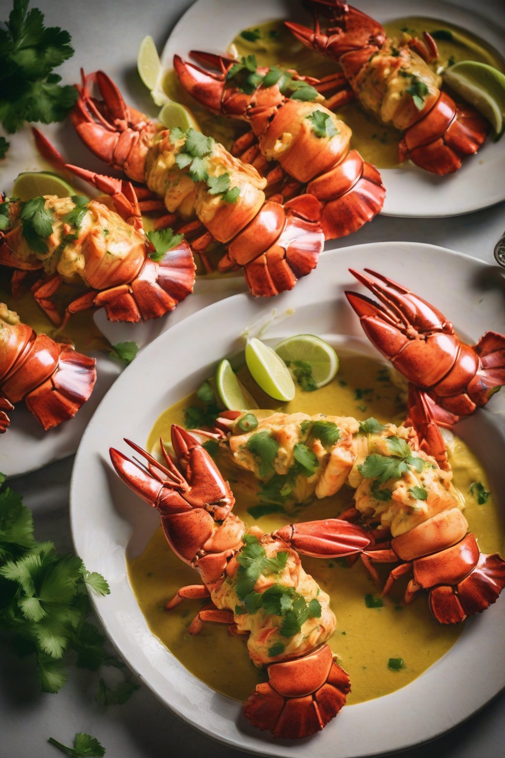 A high-resolution photo of creamy coconut curry lobster tails with cilantro, under soft lighting.