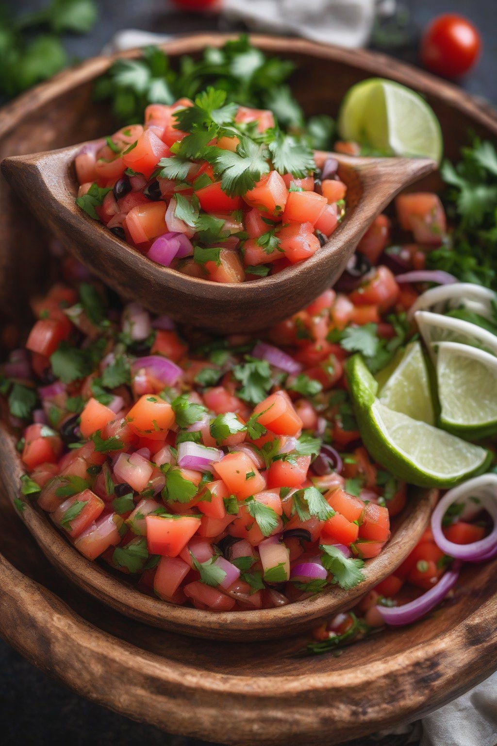 A high-resolution photo of vibrant fire-roasted pico de gallo in a rustic bowl, topped with cilantro, under soft lighting.