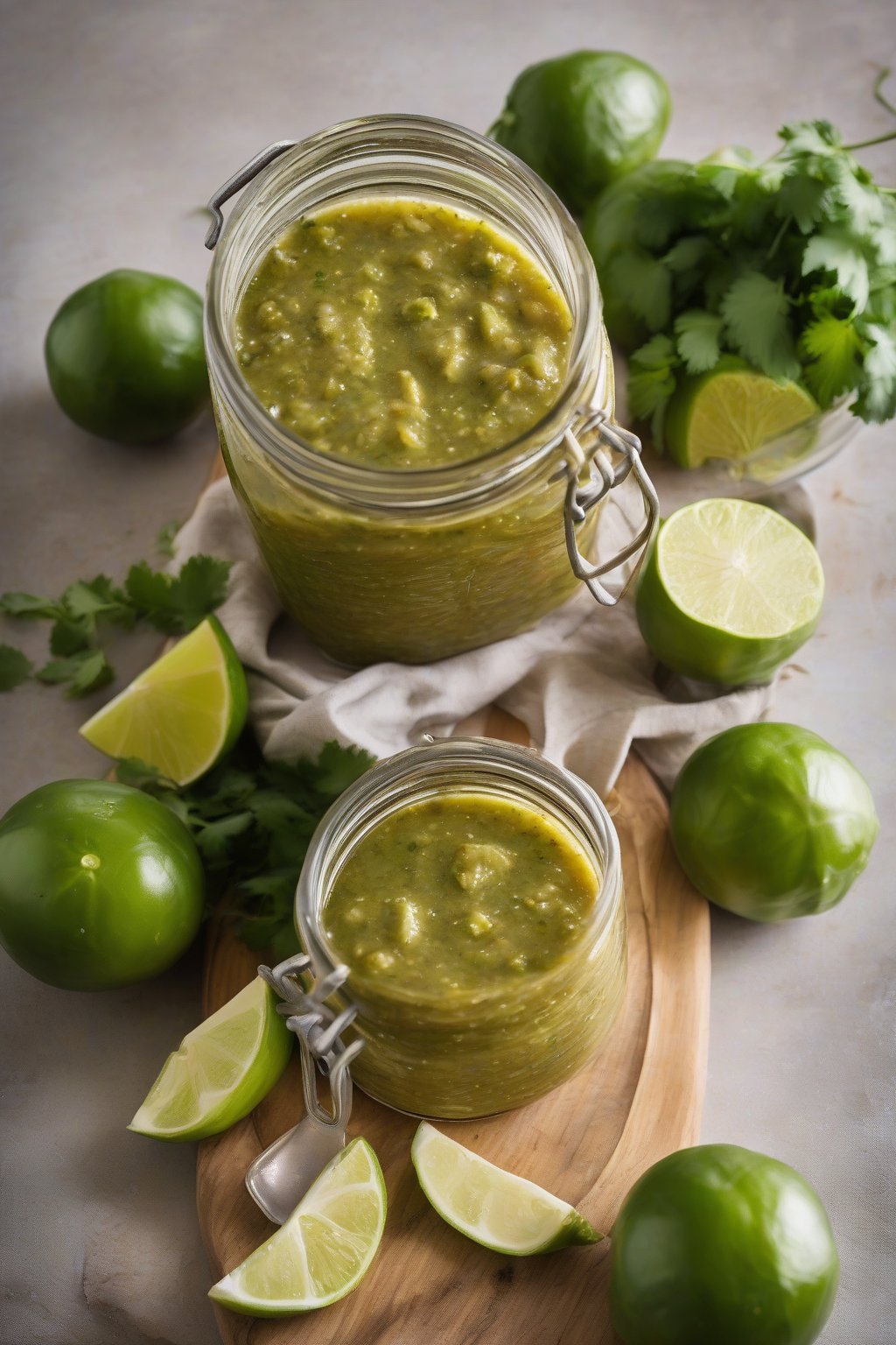 A high-resolution photo of zesty tomatillo salsa verde in a glass jar, garnished with lime wedges, under soft lighting.