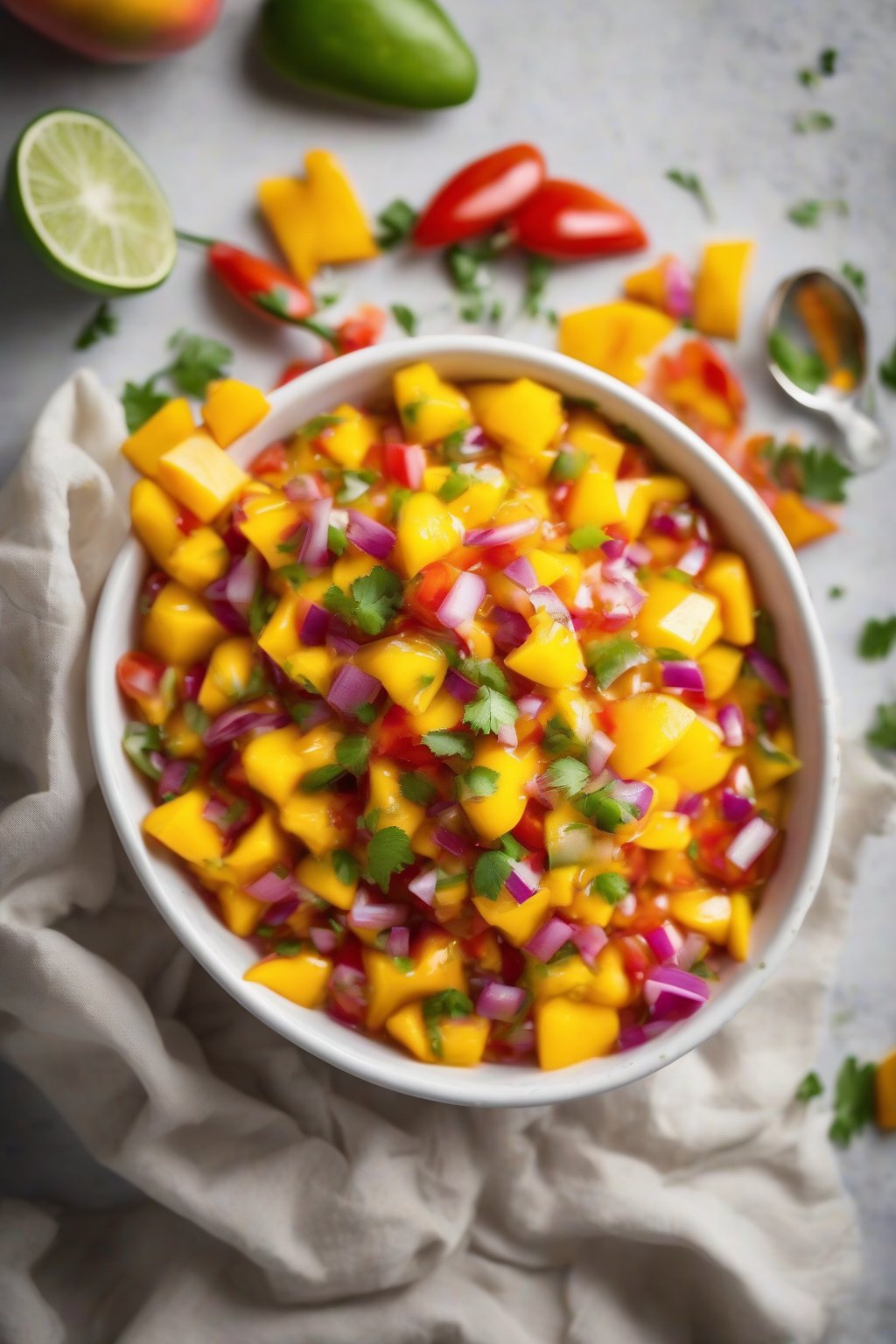 A high-resolution photo of colorful mango habanero salsa in a white bowl, with mango chunks glistening, under soft lighting.