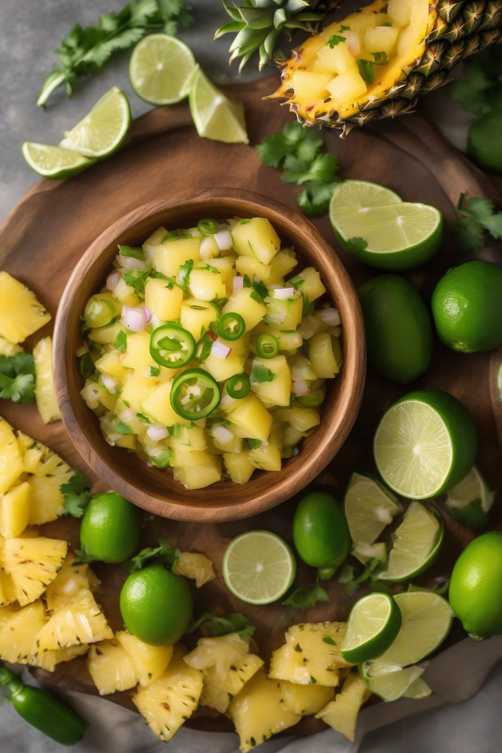 A high-resolution photo of pineapple jalapeño salsa overflowing a wooden bowl, lime slices nearby, under soft lighting.