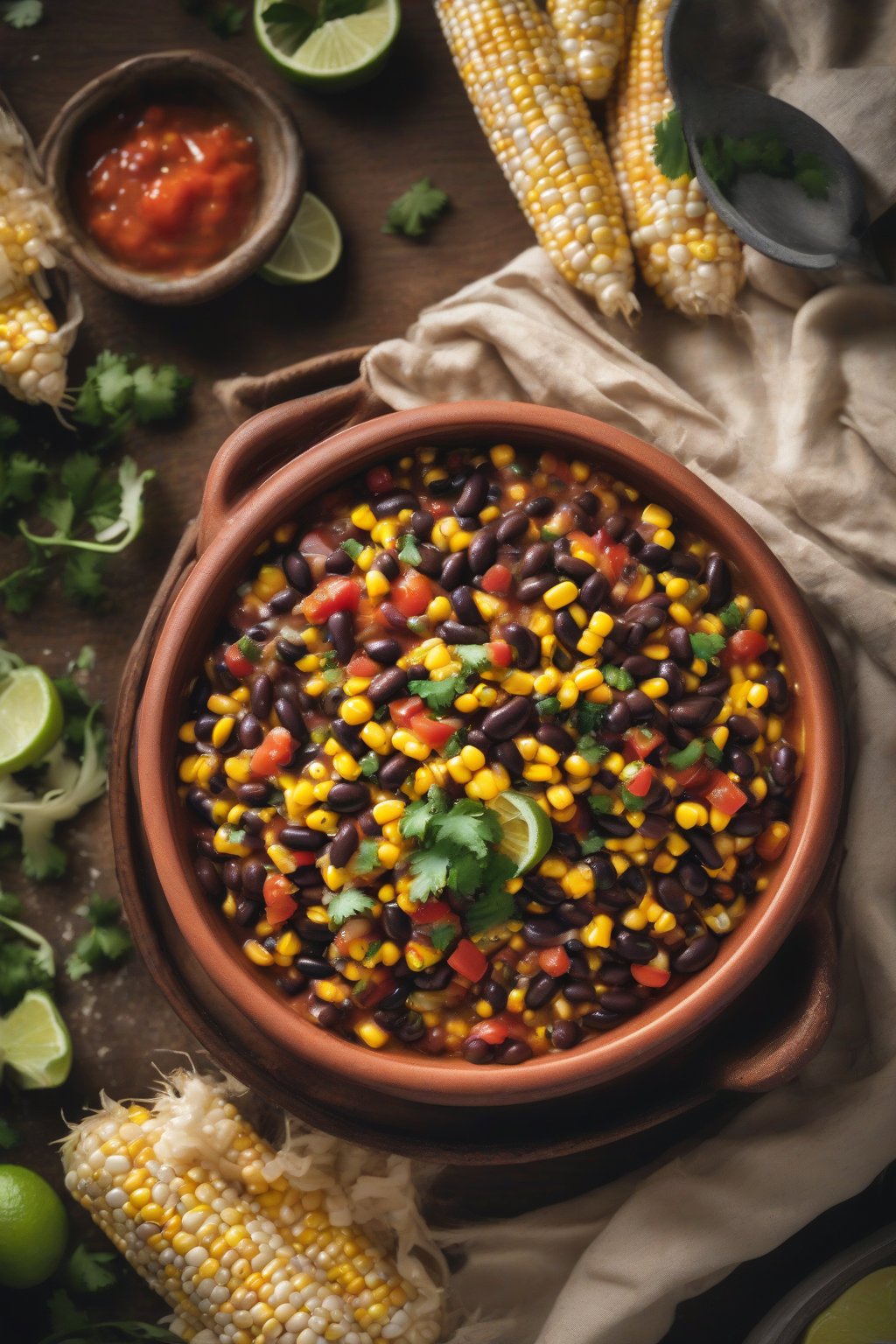 A high-resolution photo of smoky corn black bean salsa in a terra-cotta dish, steam rising subtly, under soft lighting.