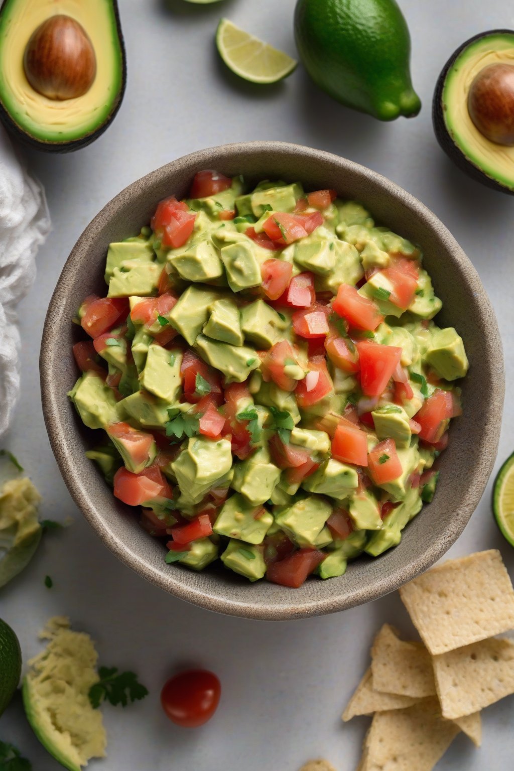 A high-resolution photo of creamy avocado tomato salsa in a stone bowl, avocado chunks prominent, under soft lighting.
