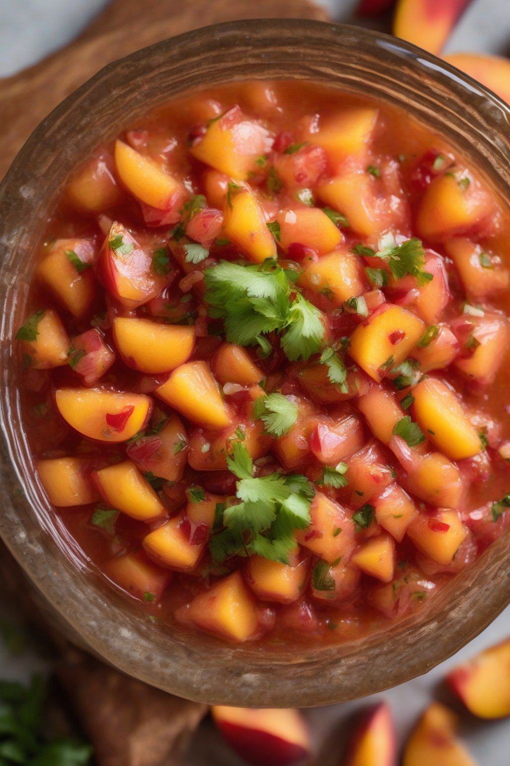 A high-resolution photo of chipotle peach salsa with peach slices and red flecks, in a clear bowl, under soft lighting.
