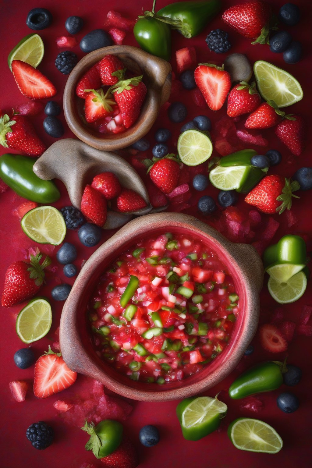 A high-resolution photo of strawberry jalapeño salsa in a red bowl, berries shining, under soft lighting.