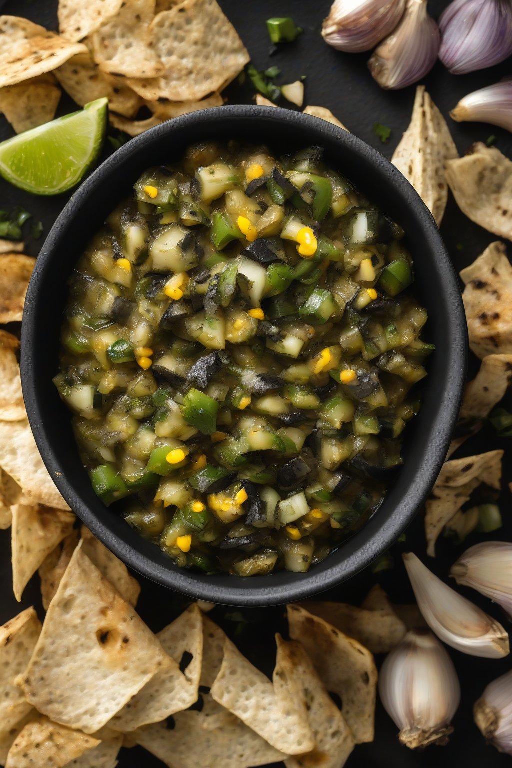 A high-resolution photo of roasted garlic poblano salsa, charred bits visible, in a black bowl, under soft lighting.