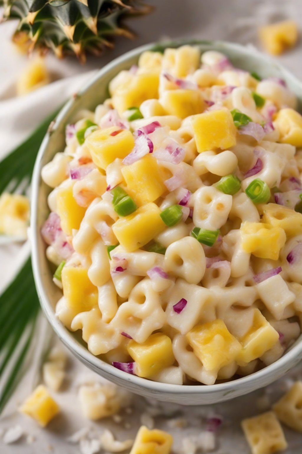 A high-resolution photo of Hawaiian macaroni salad with pineapple pieces and coconut flakes, under soft lighting.