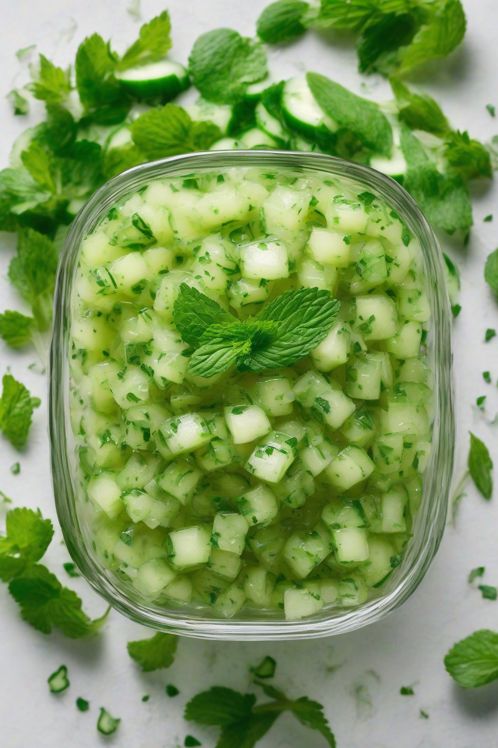 A high-resolution photo of cucumber mint salsa in a glass dish, green flecks vibrant, under soft lighting.