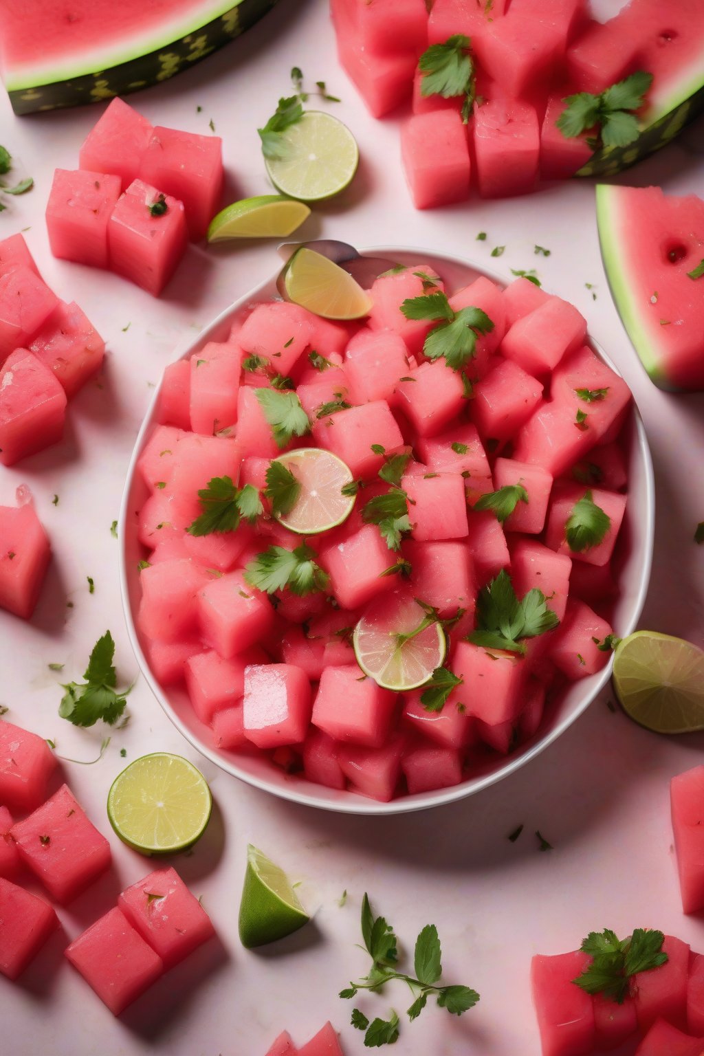 A high-resolution photo of watermelon salsa with pink cubes and herbs, drizzled with lime, under soft lighting.