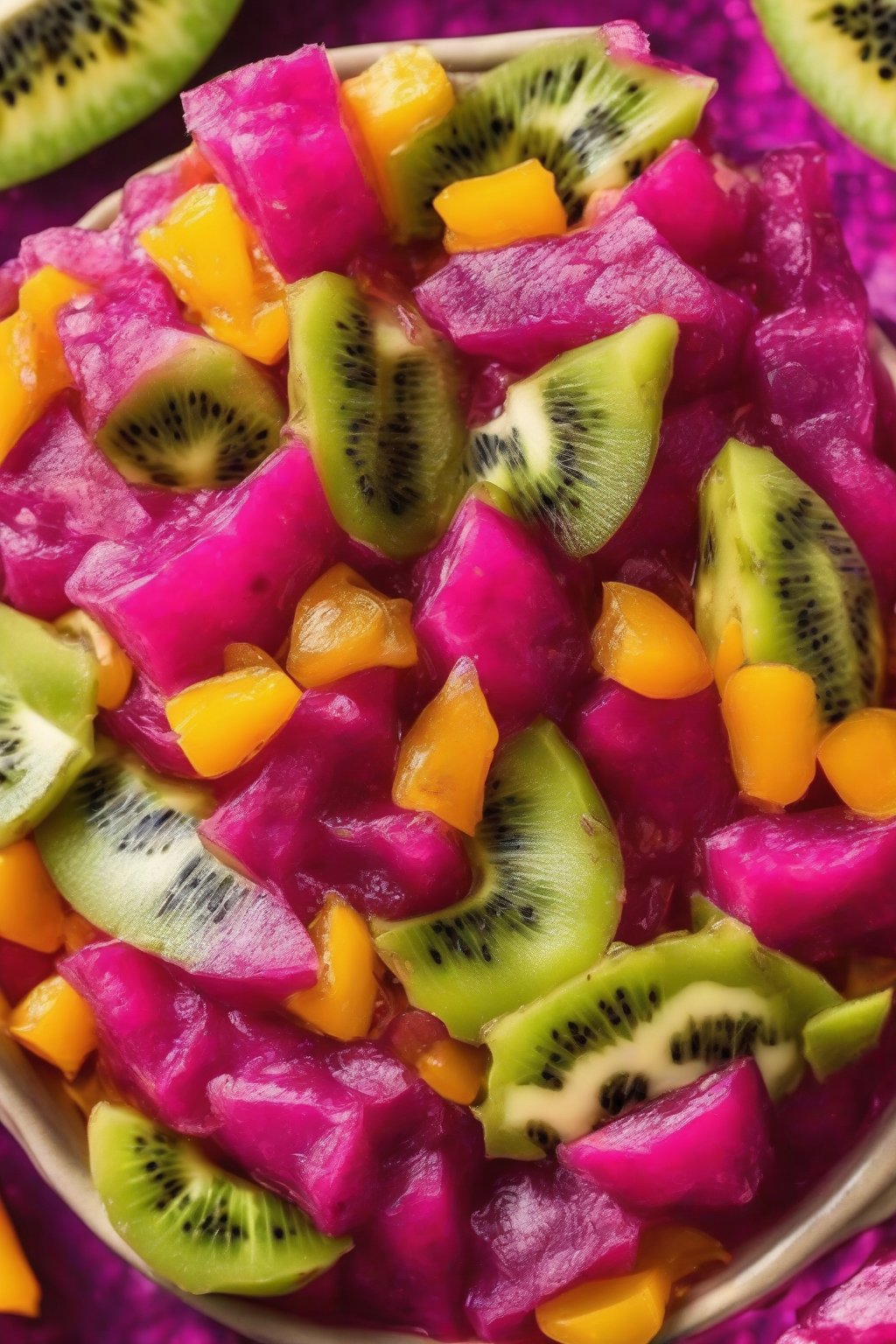 A high-resolution photo of tropical kiwi dragon fruit salsa in a colorful bowl, exotic fruits popping, under soft lighting.