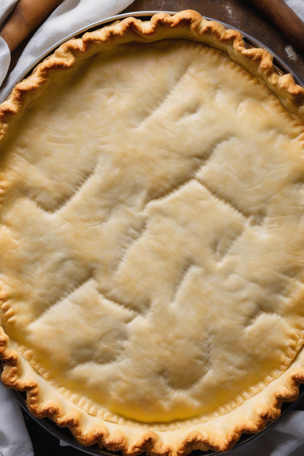 A high-resolution photo of a golden, flaky classic all-butter pie crust draped over a pie tin, with visible buttery layers, under soft lighting.