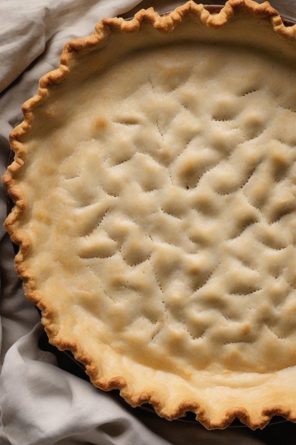 A high-resolution photo of a rustic brown butter pie crust with nutty golden flecks, par-baked in a dish, under soft lighting.