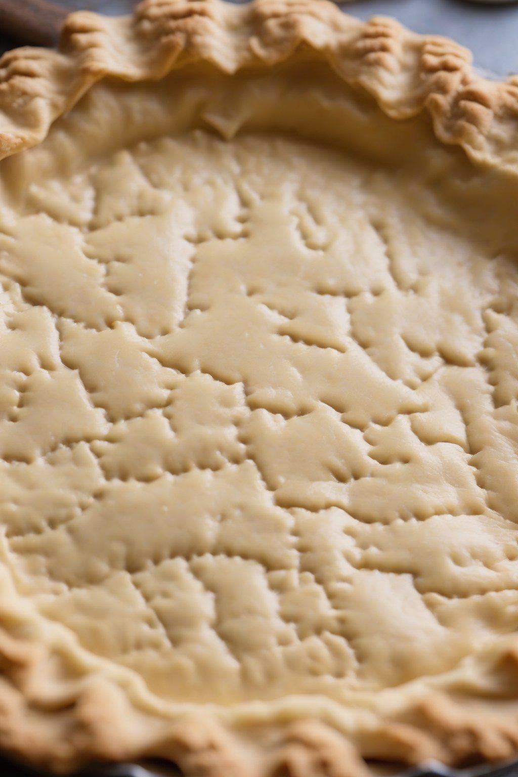 A high-resolution photo of an ultra-flaky vodka butter pie crust edge crimped perfectly on an empty pie shell, under soft lighting.