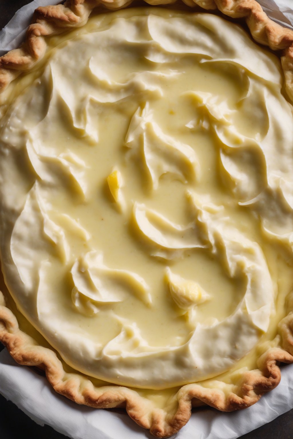 A high-resolution photo of a tender sour cream butter pie crust with soft crimps, filled with lemon curd, under soft lighting.