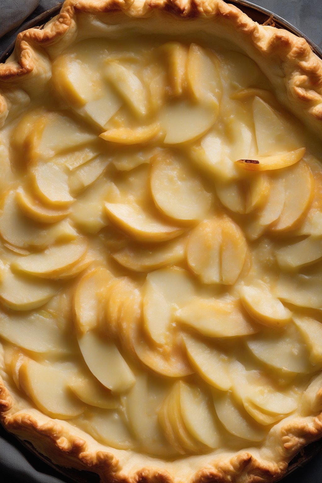 A high-resolution photo of a cheesy cheddar butter pie crust bubbling with apple slices peeking through, under soft lighting.