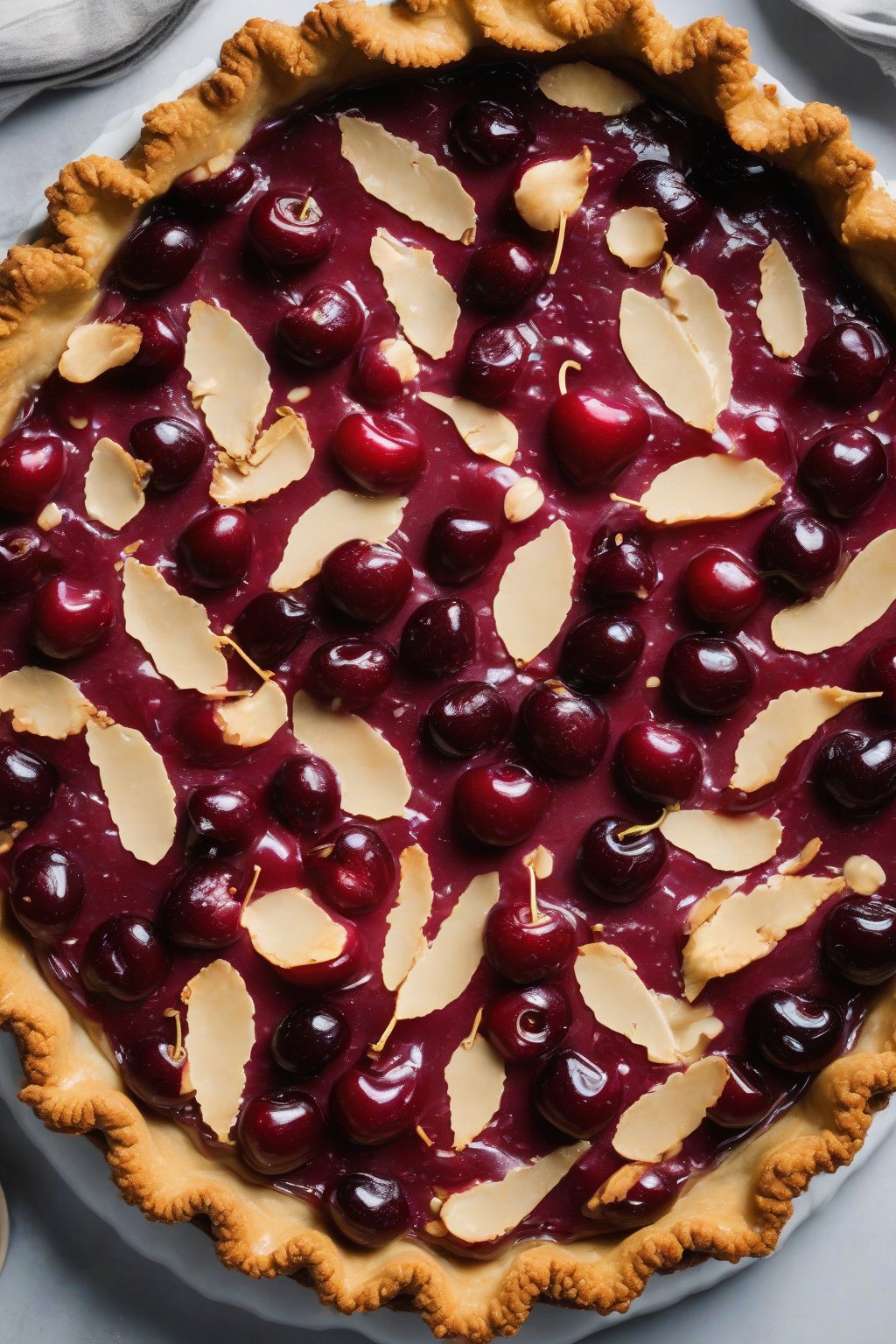 A high-resolution photo of a golden almond butter pie crust topped with glossy cherries, showcasing nutty texture, under soft lighting.