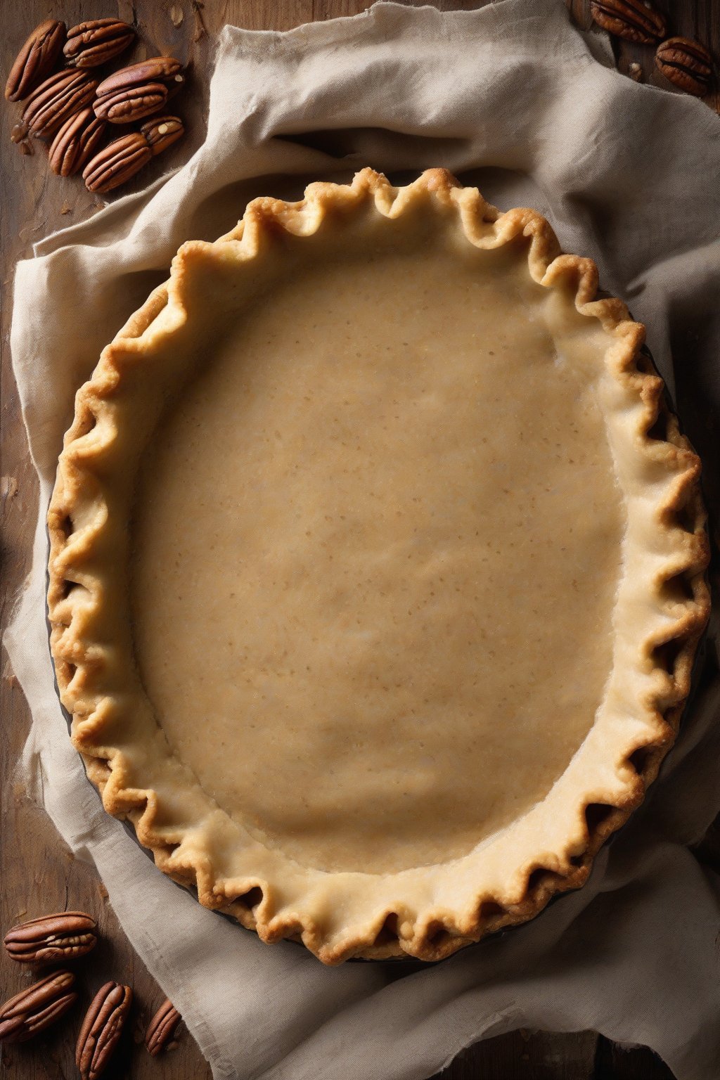 A high-resolution photo of a rustic whole wheat butter pie crust with visible grain, cradling pecan filling, under soft lighting.