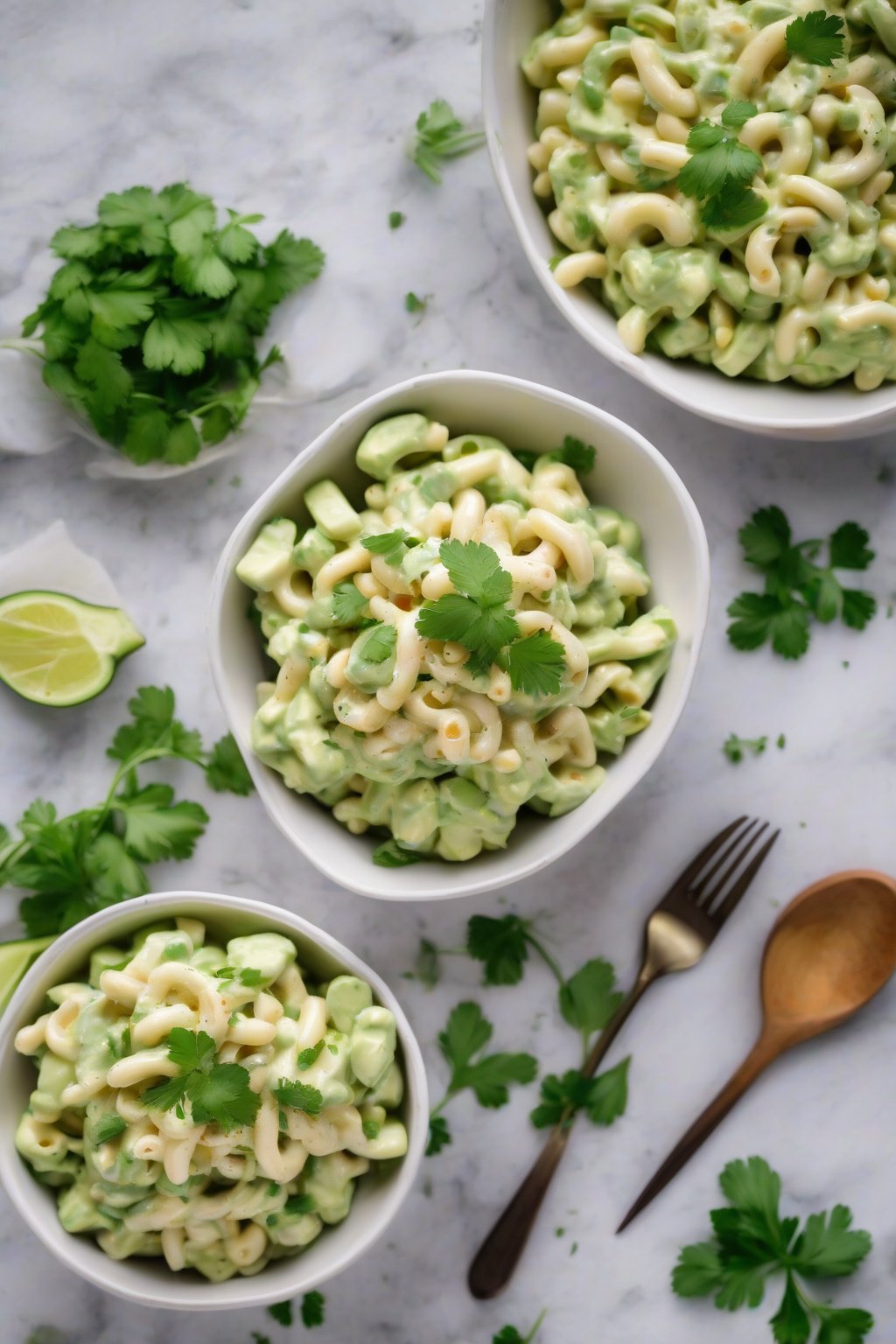 A high-resolution photo of creamy green avocado macaroni salad topped with cilantro, under soft lighting.