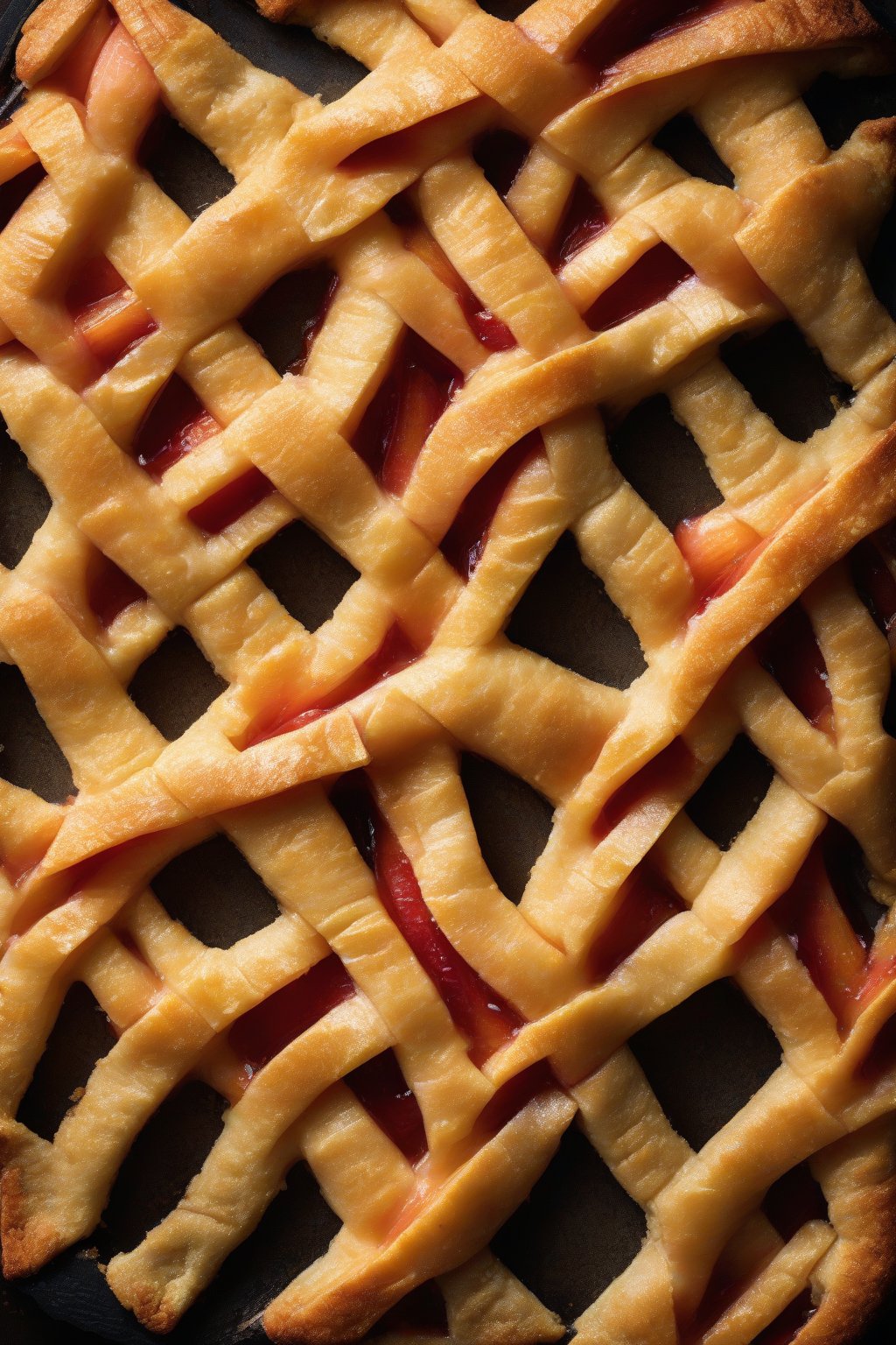 A high-resolution photo of a textured cornmeal butter pie crust lattice over ripe peaches, under soft lighting.
