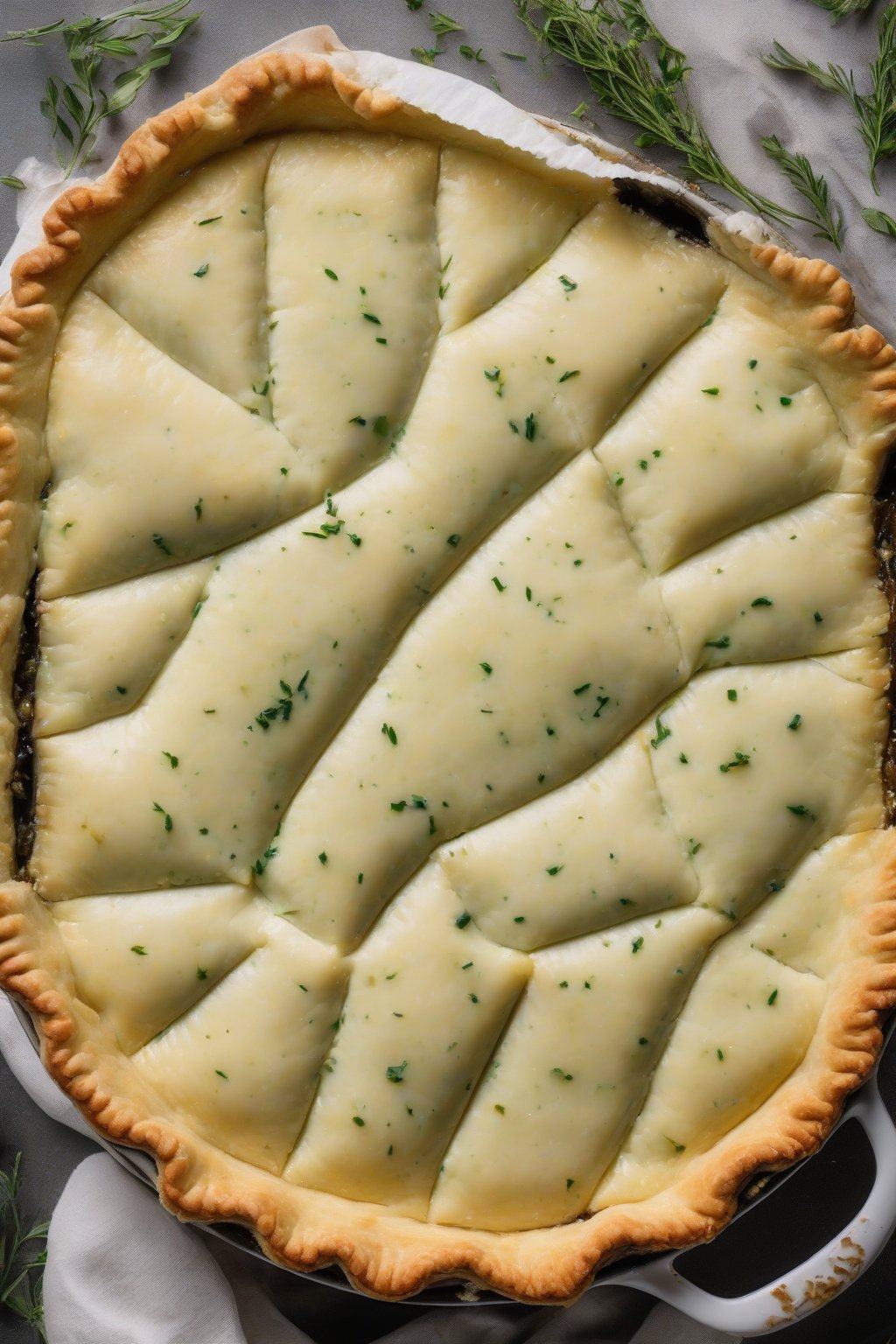 A high-resolution photo of an herbed butter pie crust with green flecks, topped with pot pie filling, under soft lighting.