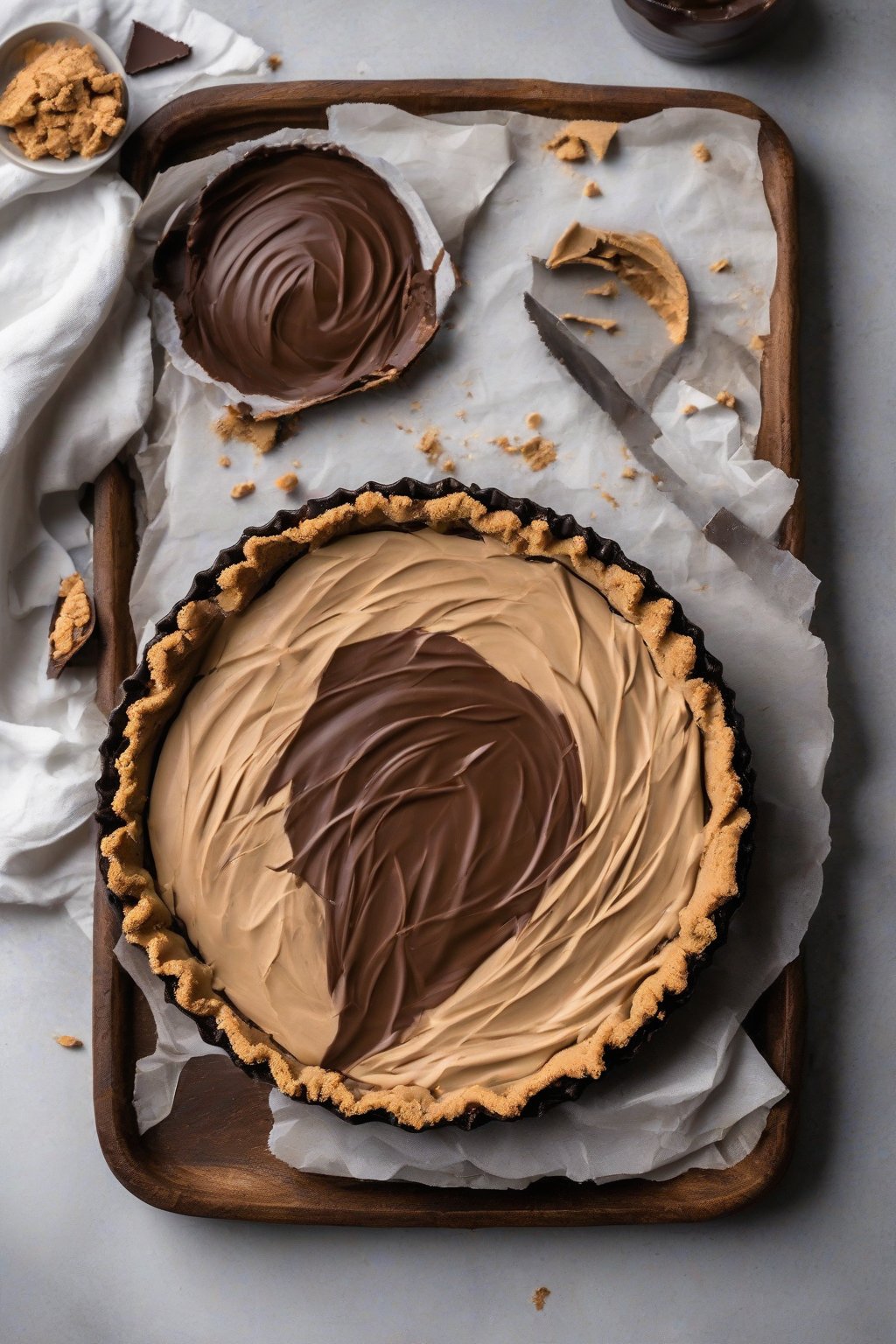 A high-resolution photo of a dark chocolate butter pie crust filled with no-bake peanut butter mousse, under soft lighting.