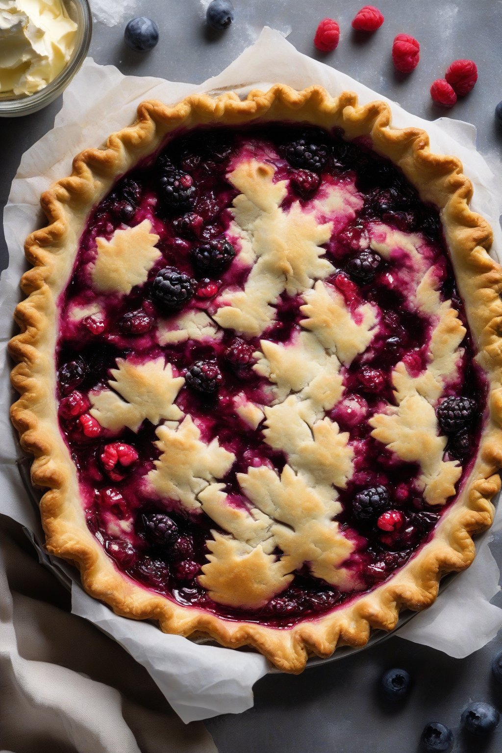 A high-resolution photo of a flaky gluten-free butter pie crust with berry filling bubbling over, under soft lighting.