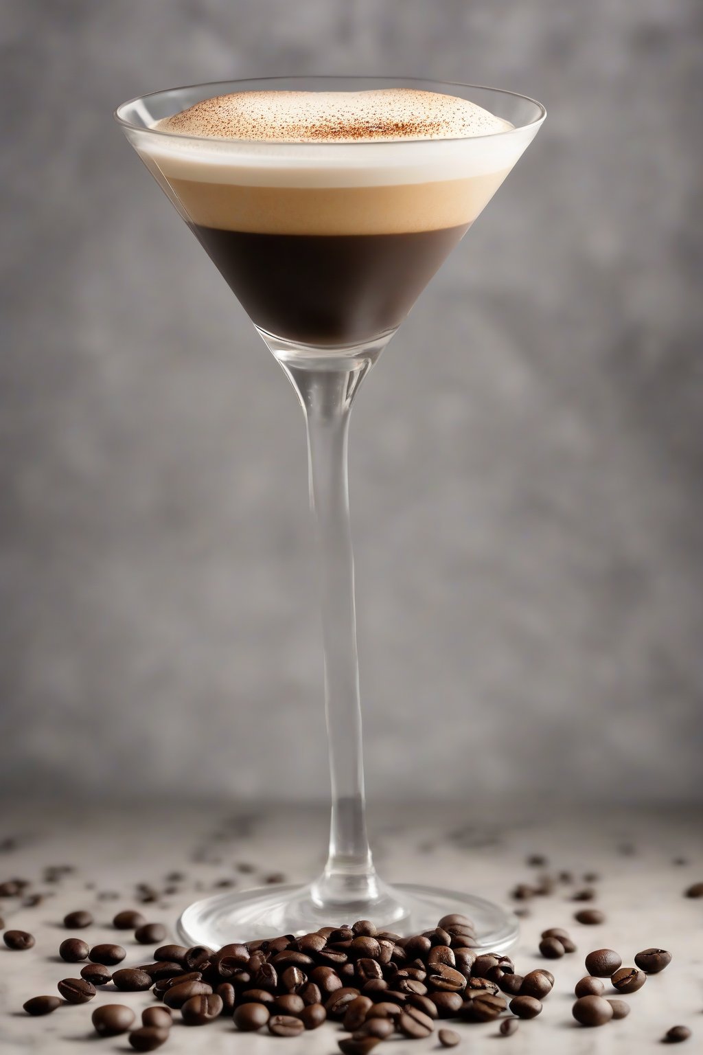 A high-resolution photo of a classic espresso martini in a martini glass with a creamy froth layer and three coffee beans on top, under soft lighting.
