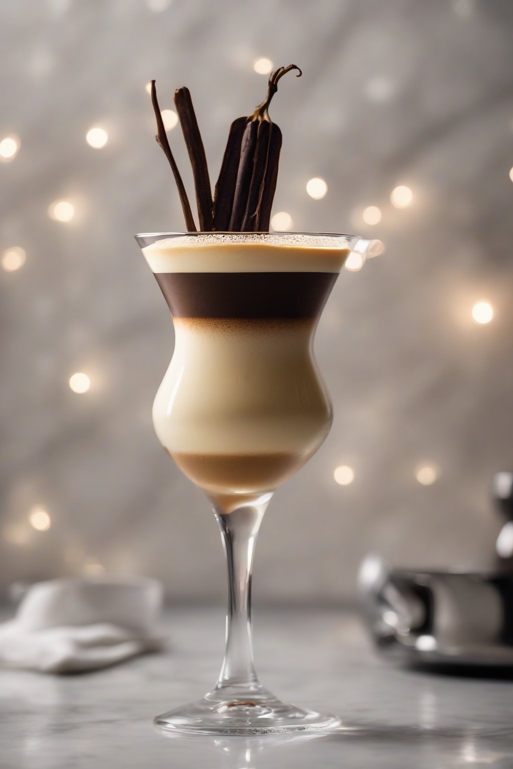 A high-resolution photo of a vanilla espresso martini with a frothy top and vanilla pod garnish in a coupe glass, under soft lighting.