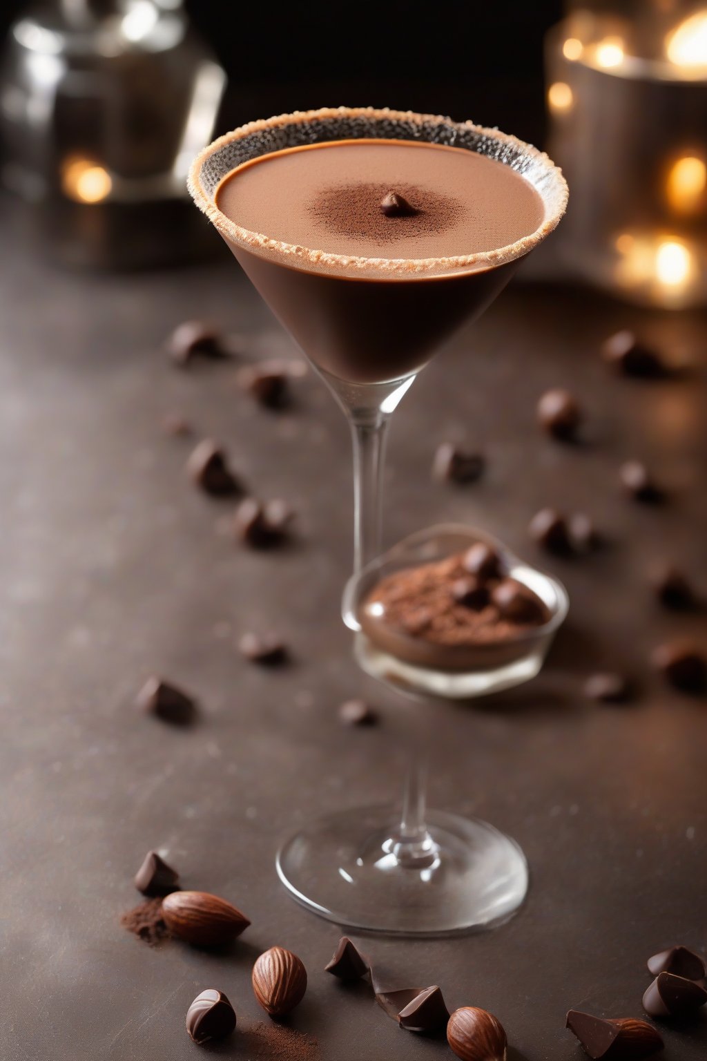 A high-resolution photo of a chocolate hazelnut espresso martini with a cocoa-rimmed glass and frothy crema, under soft lighting.