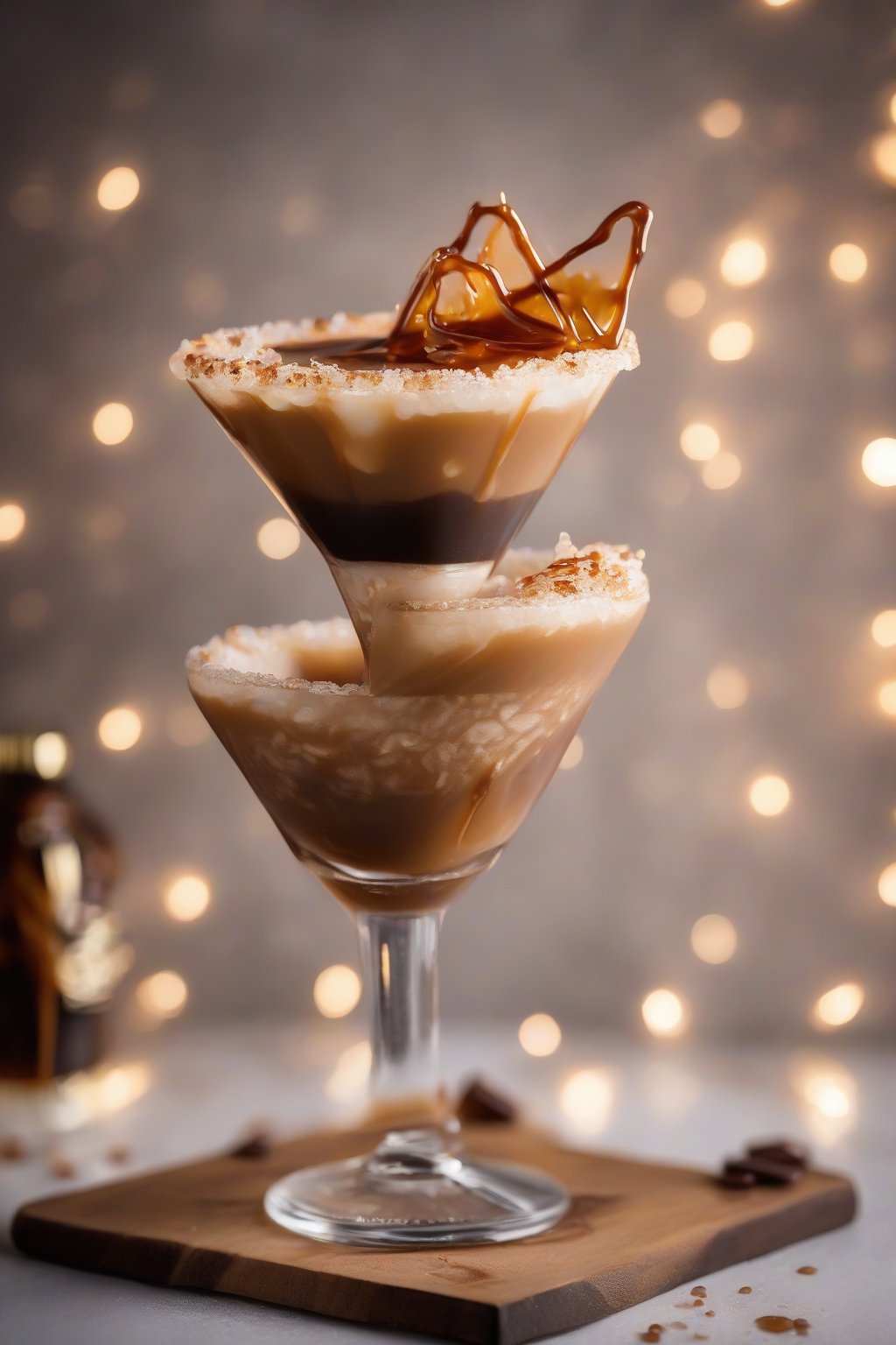 A high-resolution photo of a salted caramel espresso martini garnished with sea salt flakes and caramel drizzle, under soft lighting.