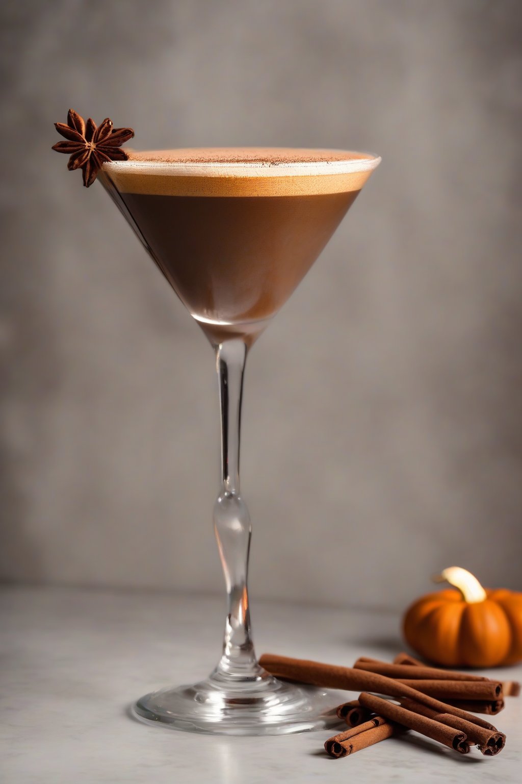 A high-resolution photo of a pumpkin spice espresso martini with cinnamon dusting and froth, under soft lighting.