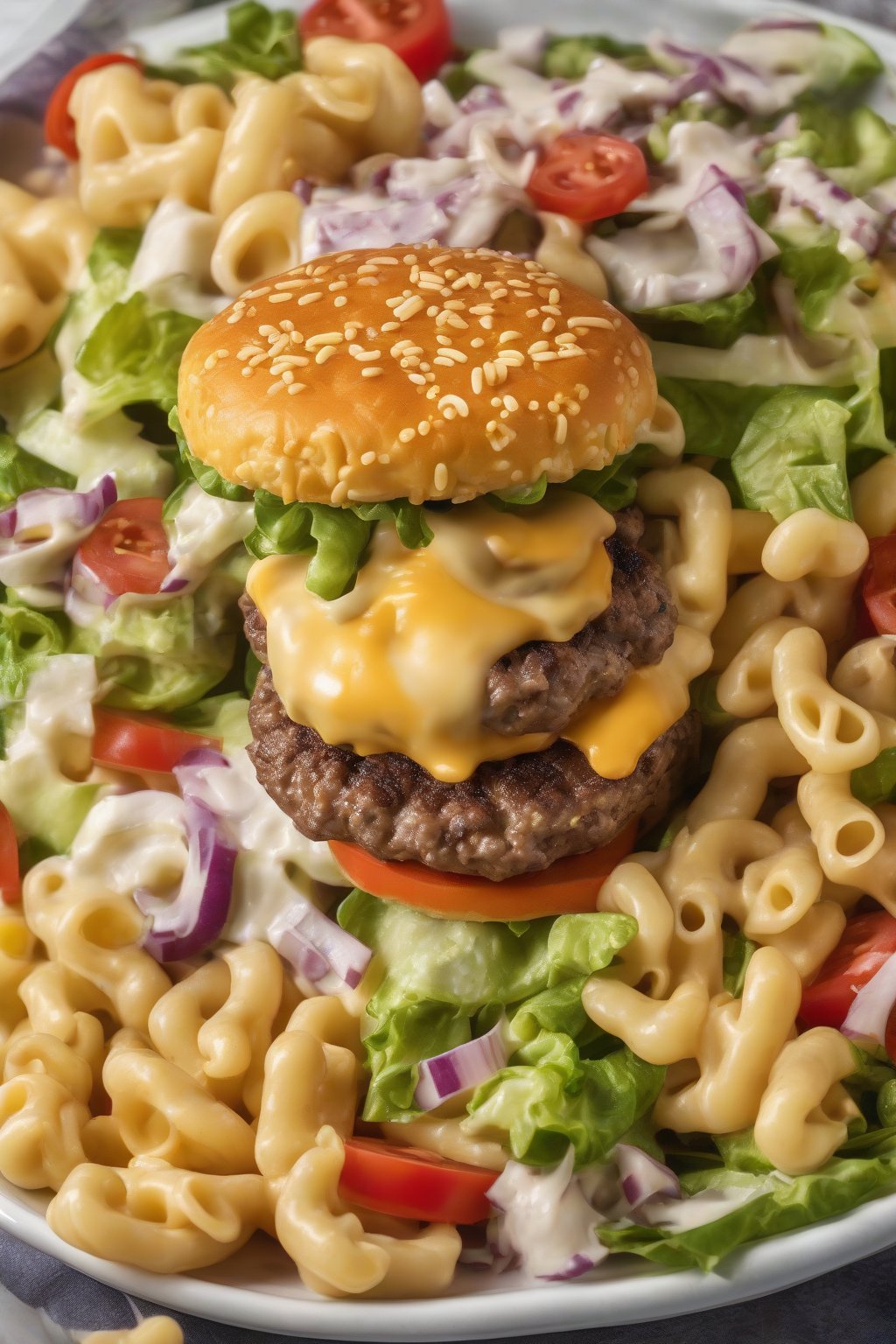 A high-resolution photo of cheeseburger macaroni salad mimicking a burger patty, under soft lighting.