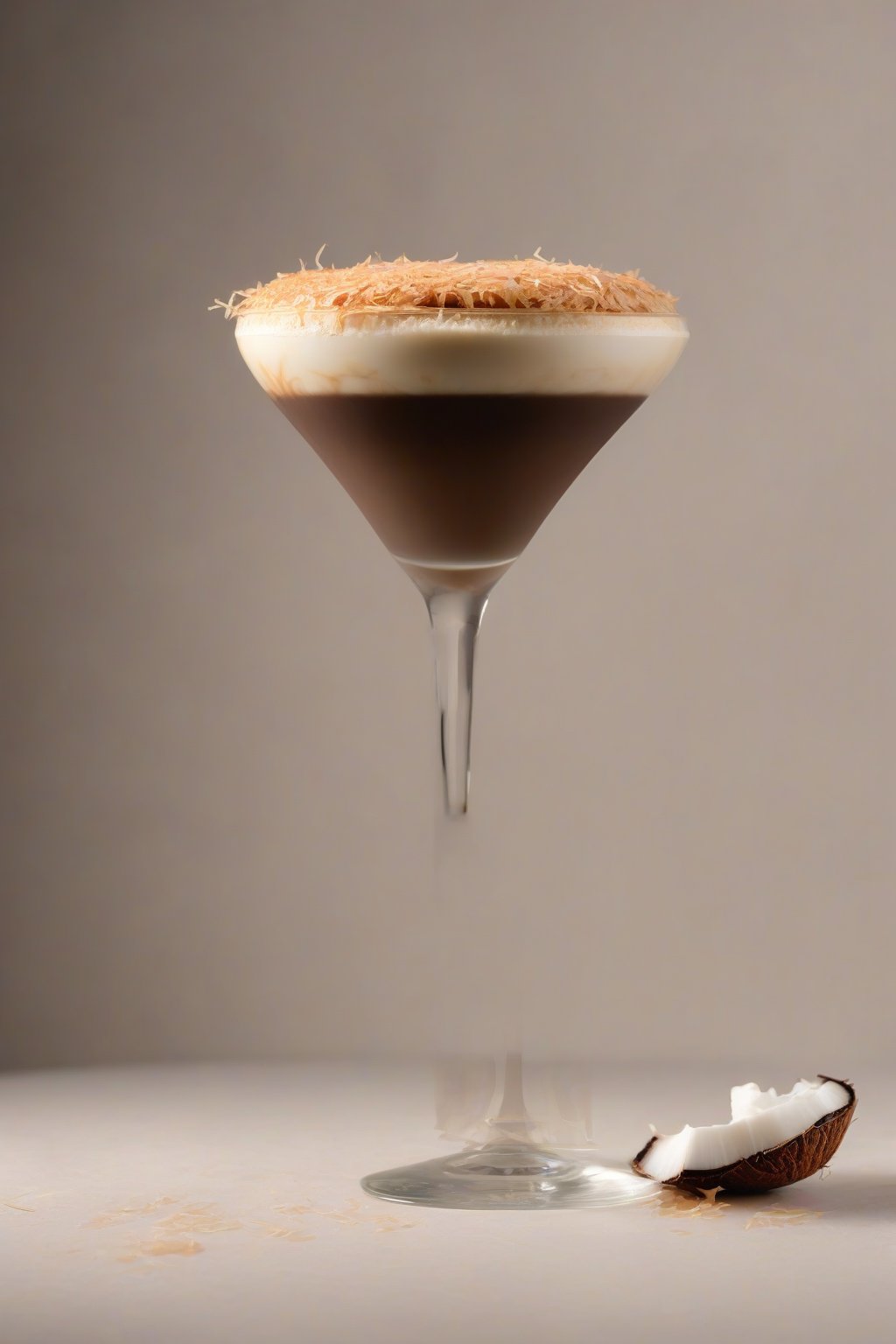 A high-resolution photo of a coconut espresso martini with toasted coconut rim and creamy layer, under soft lighting.