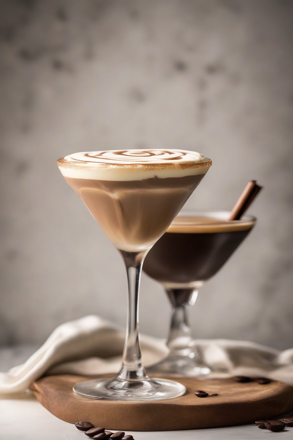 A high-resolution photo of an Irish cream espresso martini with thick crema and subtle cream swirl, under soft lighting.