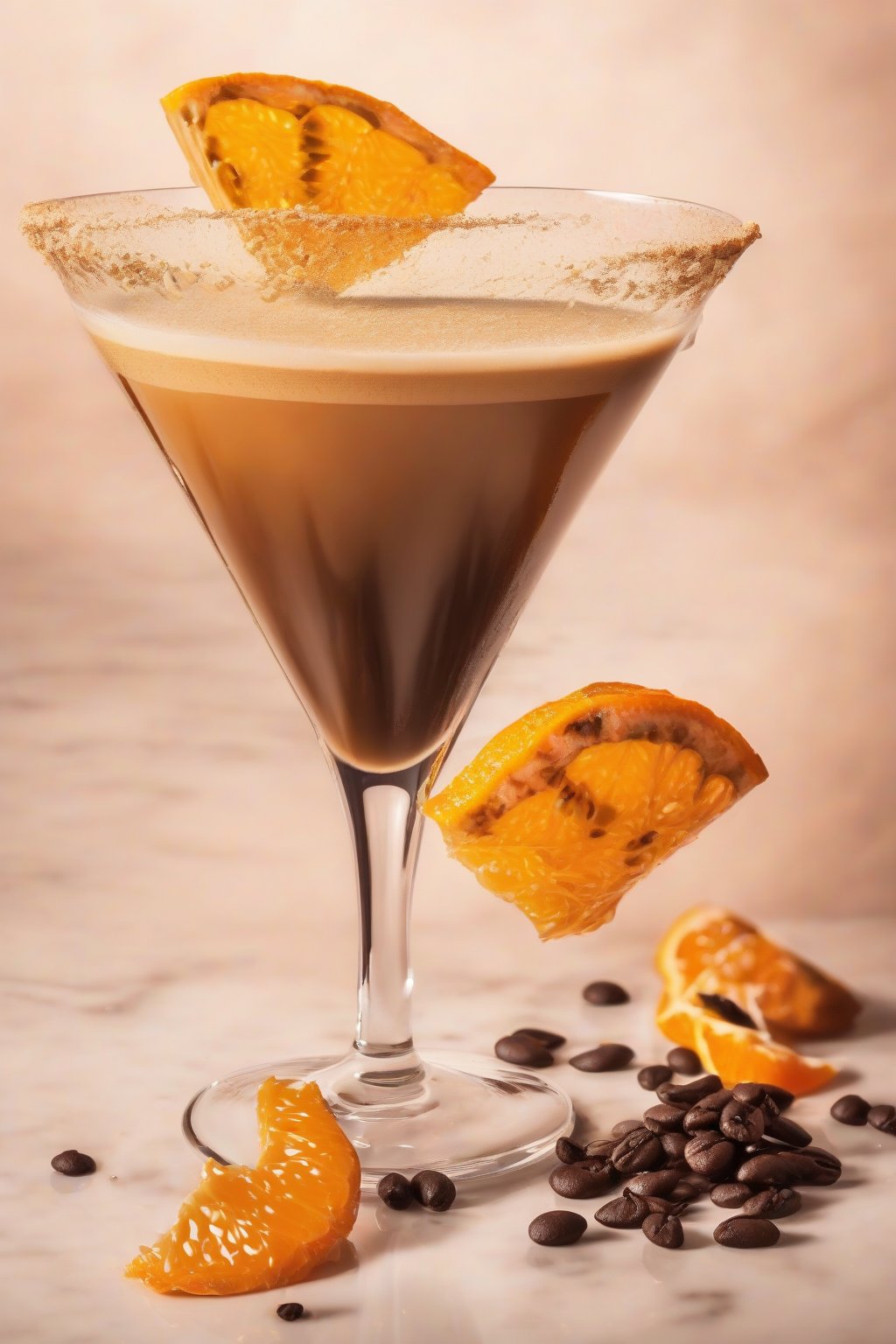 A high-resolution photo of an orange zest espresso martini with peel twist and aromatic oils on surface, under soft lighting.