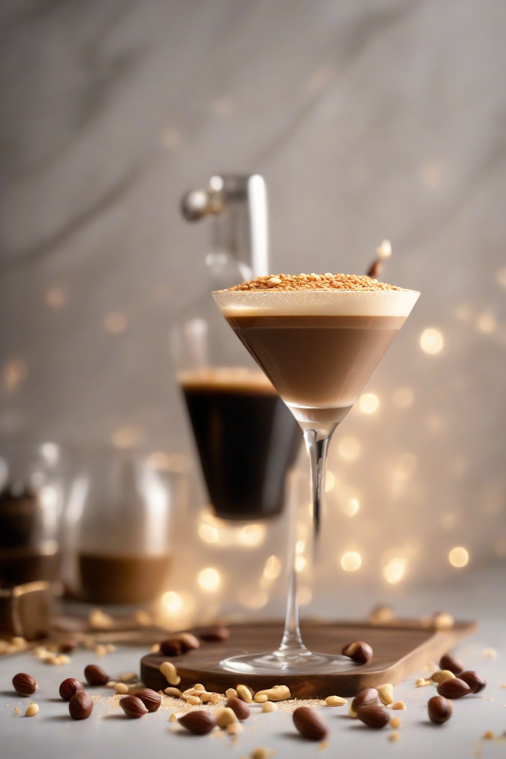 A high-resolution photo of a peanut butter espresso martini garnished with crushed peanuts and smooth froth, under soft lighting.